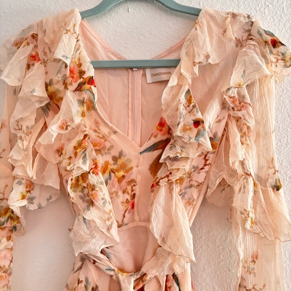 Zimmermann Floral Ruffle Mini Dress in Cream and Pink - Picture 2 of 6